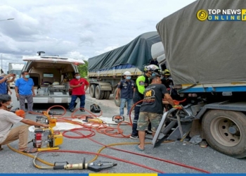 เบรคไม่อยู่…รถพ่วงชนท้ายกันร่างติดคารถ-–-topnews