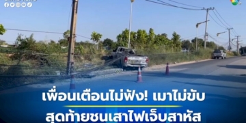 เพื่อนเตือนไม่ฟัง-หนุ่มเมาแล้วขับชนเสาไฟล้มระเนระนาด-3-ต้น-บาดเจ็บสาหัส